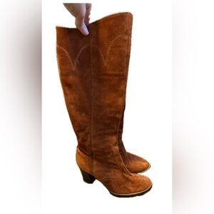 Campus 1970’s Vintage Russet Suede Western Stitching Tall Stacked Heel Boots